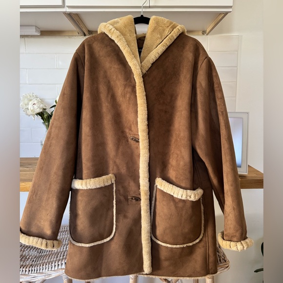Jones New York Brown Faux Fur Suede Coat w Hood Medium - Picture 2 of 6